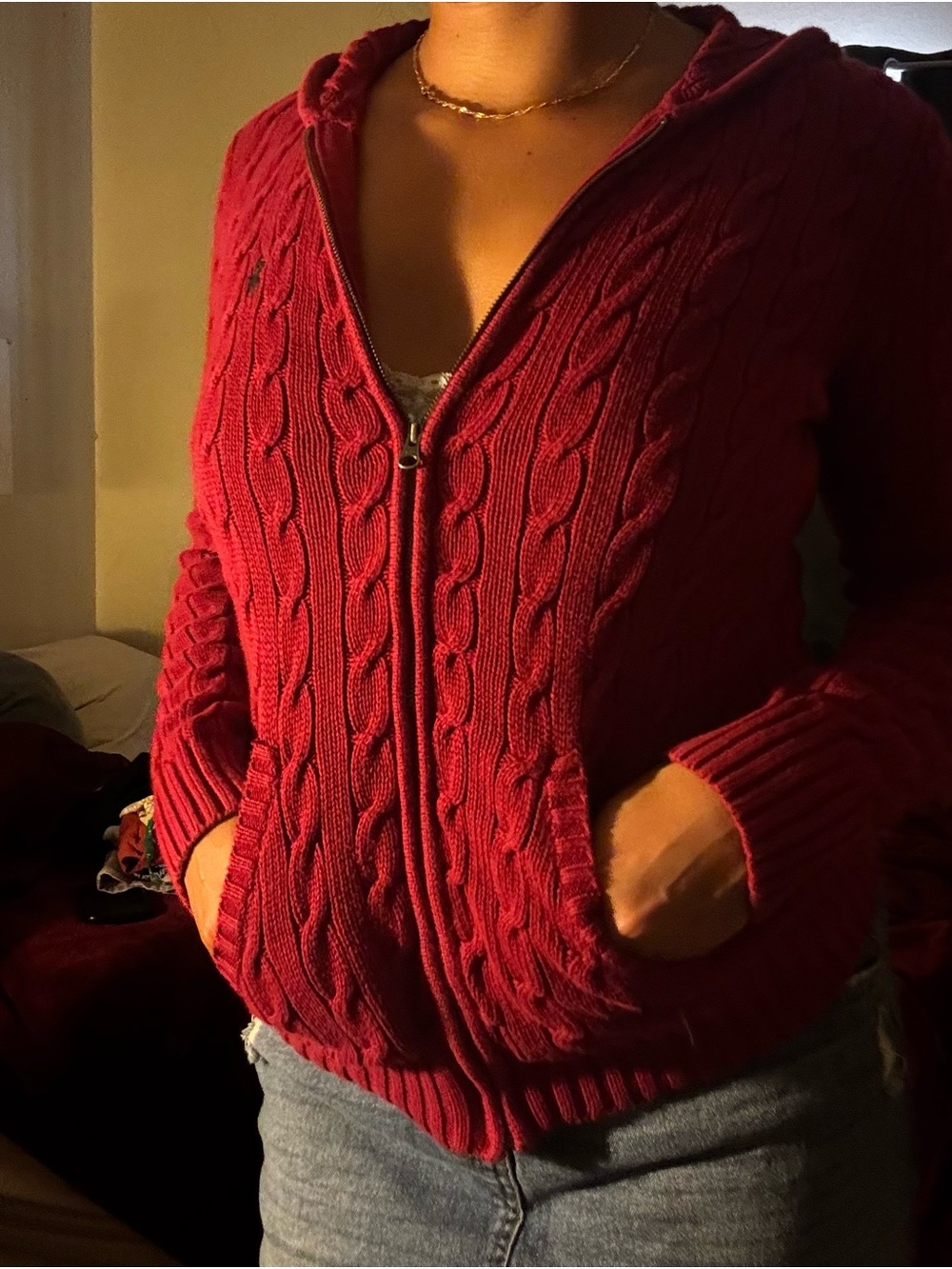 Ralph Lauren Cable-Knit Zip Hoodie in Burgundy